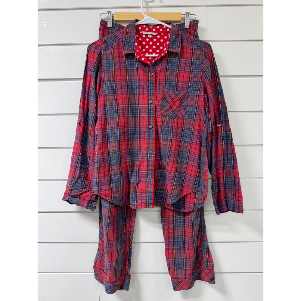Victoria's Secret Red Plaid Flannel Pajama Set XS Cotton Polka Dot Trim